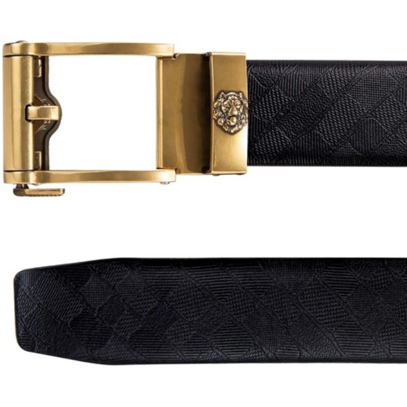 New Sliding Gold Buckle Ratchet Genuine Leather Belt - Picture 3 of 6